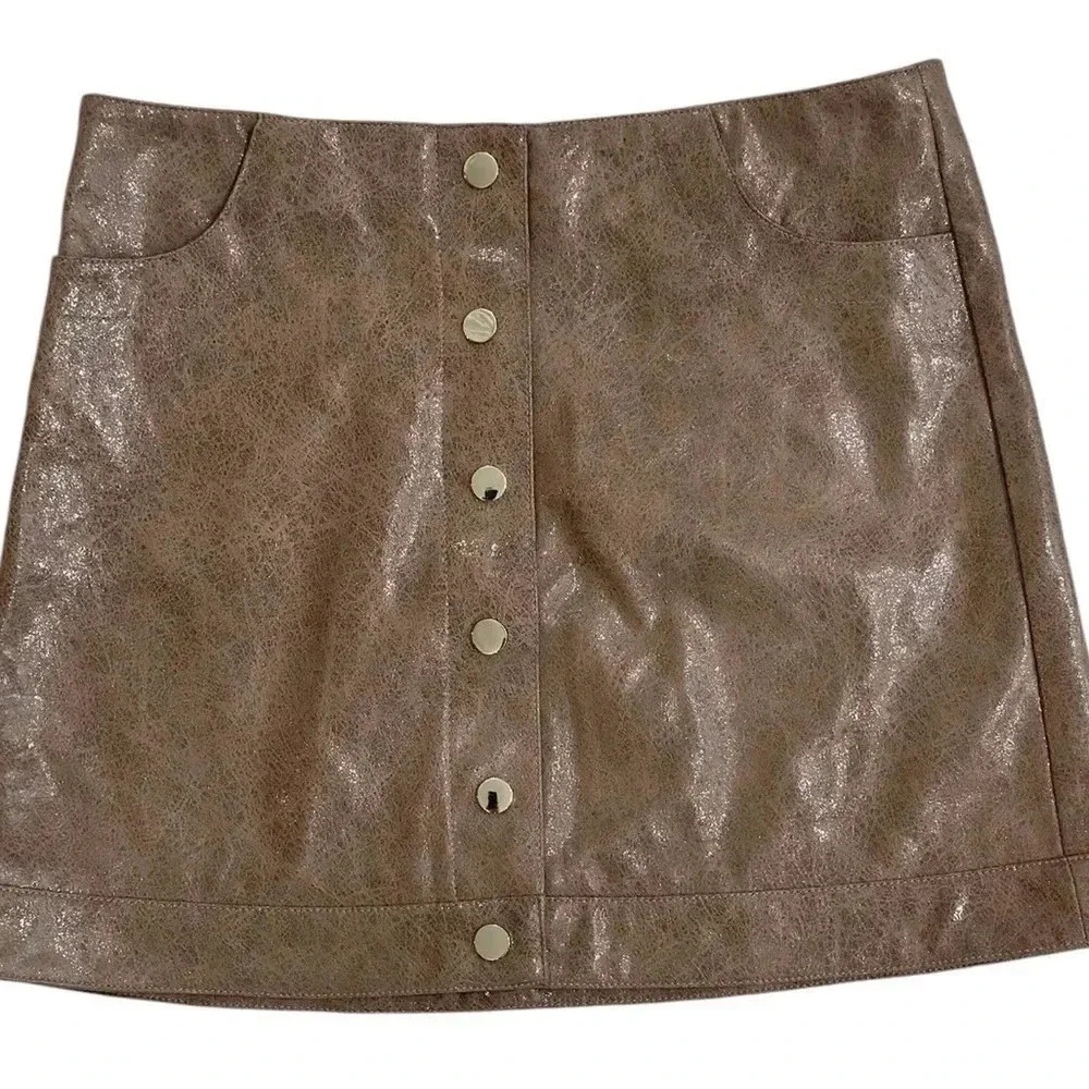 Pants Store Faux Leather snap Button Up Mini Skirt Brown Size Small